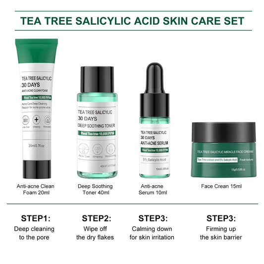 Tea Tree Salicylic Acid Acne Treatment Skincare Set - Mini Facial Care Kit for Women, Includes Cleanser, Toner, Serum, and Cream, Ideal for Oil Control and Travel