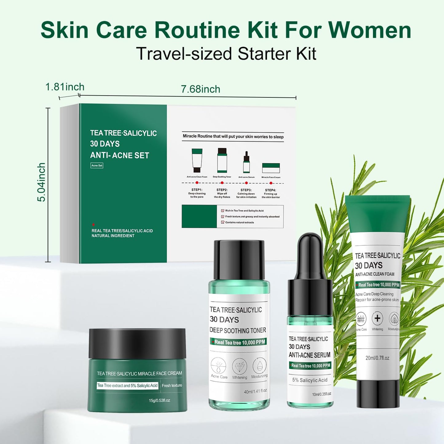 Tea Tree Salicylic Acid Acne Treatment Skincare Set - Mini Facial Care Kit for Women, Includes Cleanser, Toner, Serum, and Cream, Ideal for Oil Control and Travel
