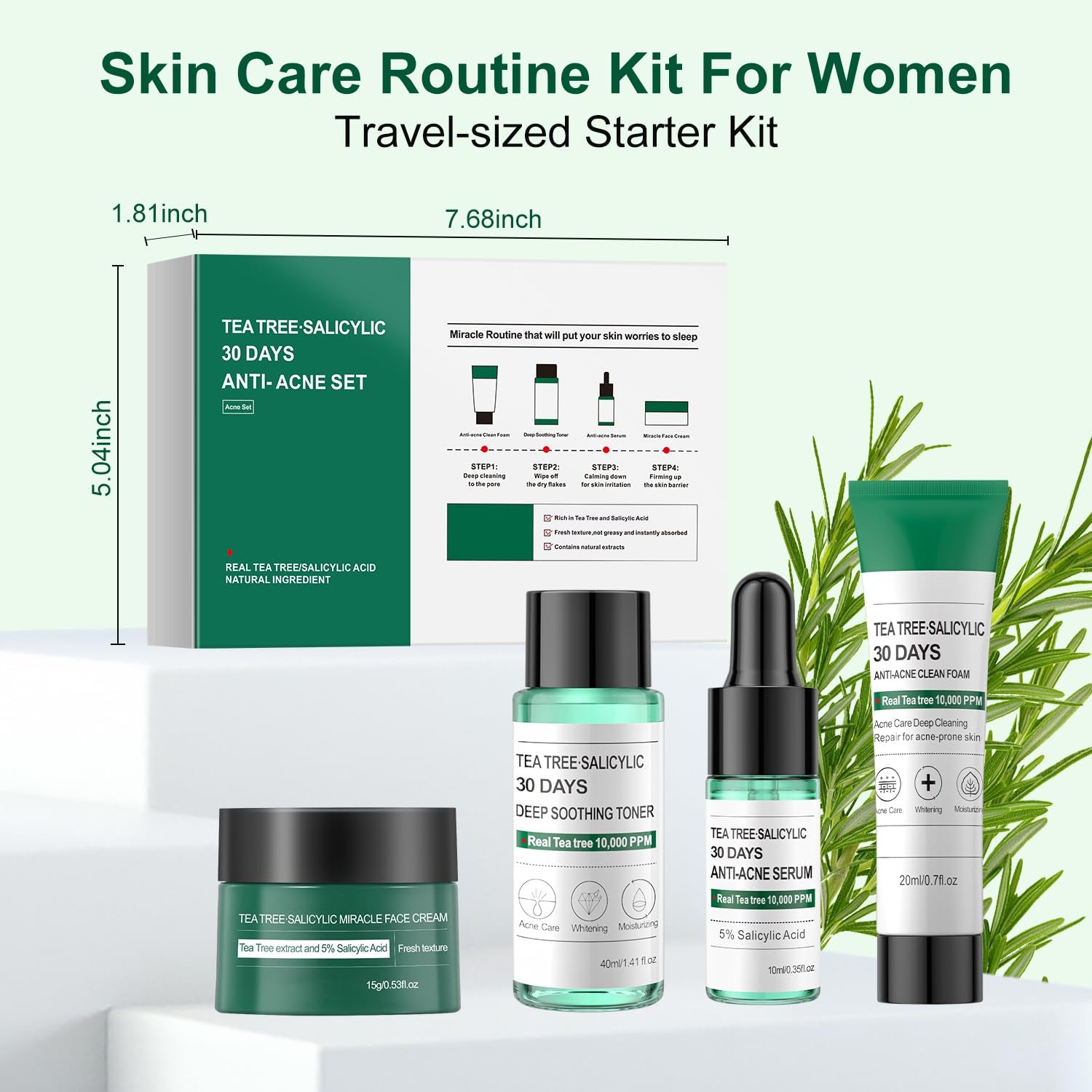 Tea Tree Salicylic Acid Acne Treatment Skincare Set - Mini Facial Care Kit for Women, Includes Cleanser, Toner, Serum, and Cream, Ideal for Oil Control and Travel