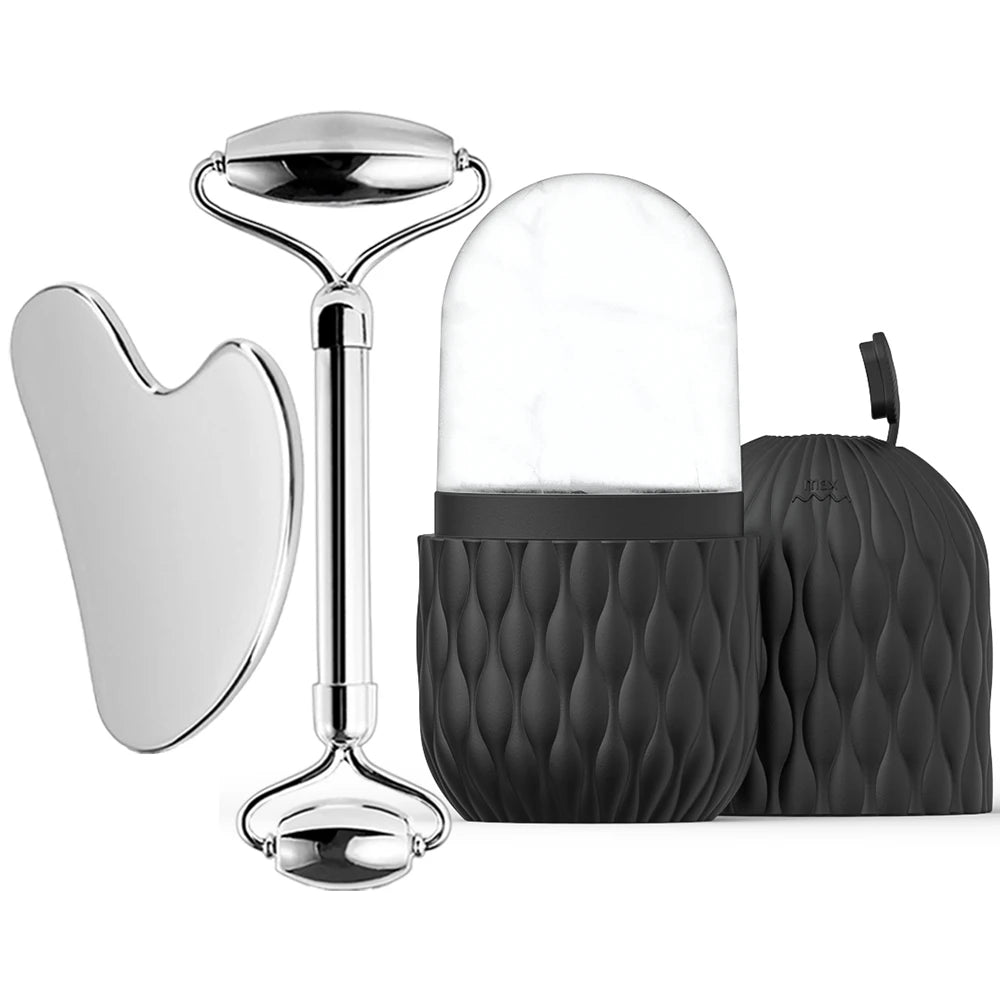 Stainless Steel Ice Face Roller and Gua Sha Tool Set for Facial Skincare - Reusable Silicone Ice Roller (1 or 3 Pieces)