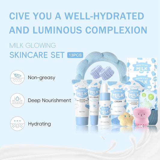 13-Piece Milk Skincare Set for Children and Teens, Comprehensive Skin Care Kit for Girls Ages 8-12, Gentle and Nourishing Face Care for All Skin Types