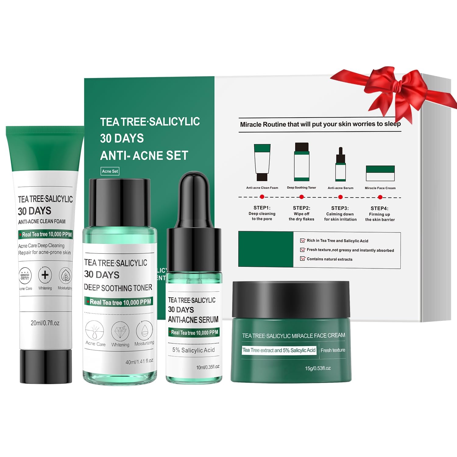 Tea Tree Salicylic Acid Acne Treatment Skincare Set - Mini Facial Care Kit for Women, Includes Cleanser, Toner, Serum, and Cream, Ideal for Oil Control and Travel