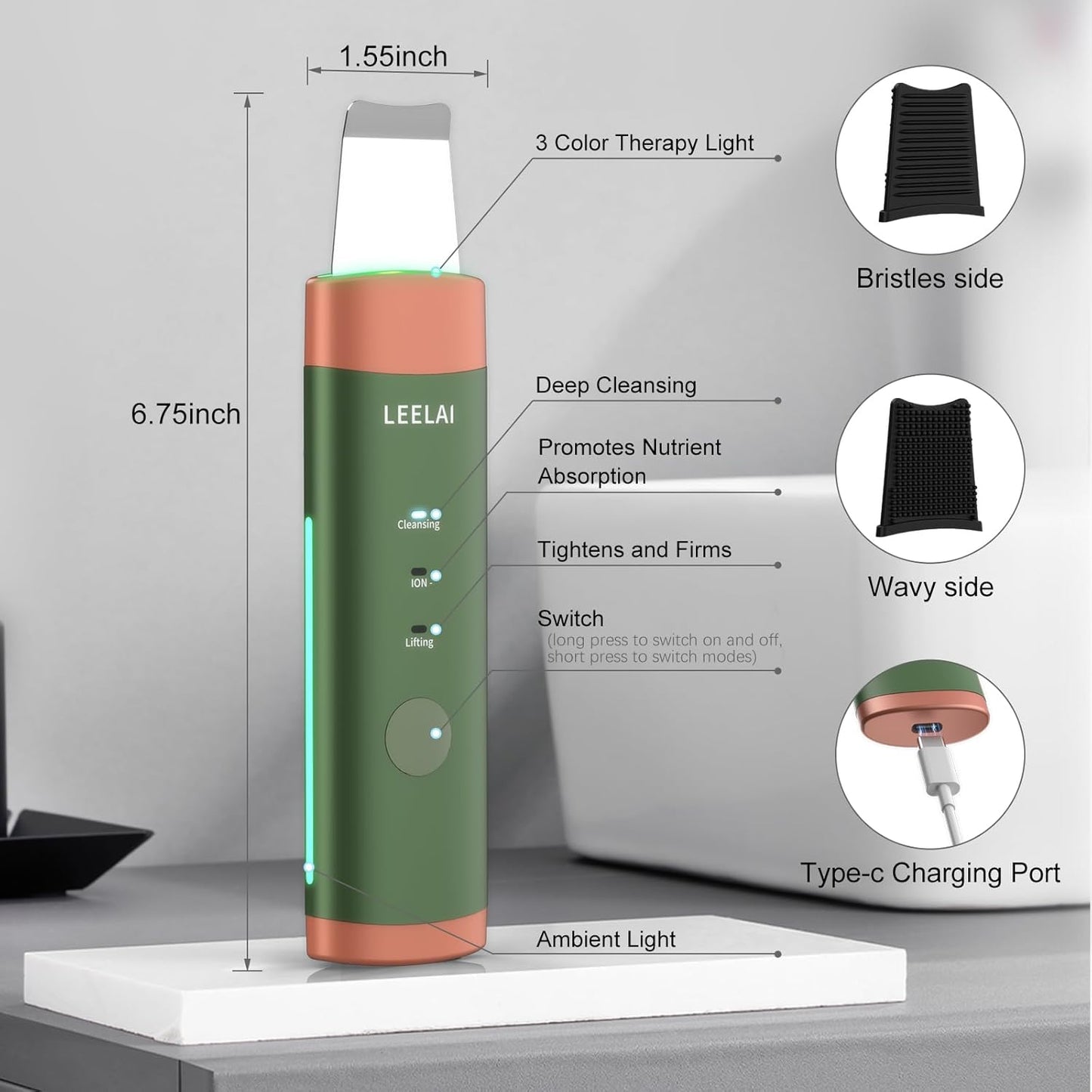 Ultrasonic Facial Skin Scrubber – Waterproof Pore Cleanser & Exfoliating Spatula with 3 Modes