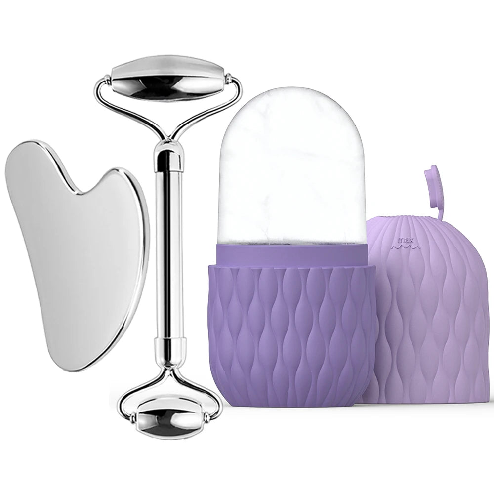 Stainless Steel Ice Face Roller and Gua Sha Tool Set for Facial Skincare - Reusable Silicone Ice Roller (1 or 3 Pieces)
