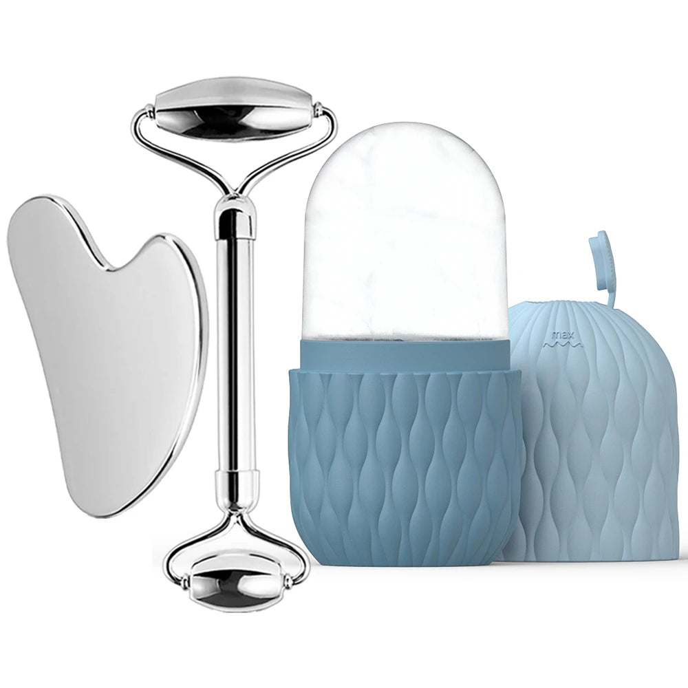 Stainless Steel Ice Face Roller and Gua Sha Tool Set for Facial Skincare - Reusable Silicone Ice Roller (1 or 3 Pieces)