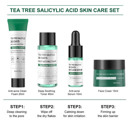 Tea Tree Salicylic Acid Acne Treatment Skincare Set - Mini Facial Care Kit for Women, Includes Cleanser, Toner, Serum, and Cream, Ideal for Oil Control and Travel