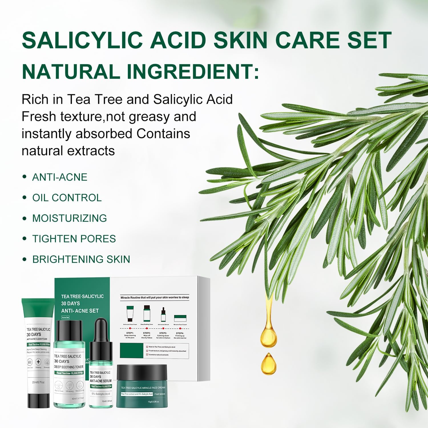 Tea Tree Salicylic Acid Acne Treatment Skincare Set - Mini Facial Care Kit for Women, Includes Cleanser, Toner, Serum, and Cream, Ideal for Oil Control and Travel