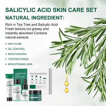 Tea Tree Salicylic Acid Acne Treatment Skincare Set - Mini Facial Care Kit for Women, Includes Cleanser, Toner, Serum, and Cream, Ideal for Oil Control and Travel