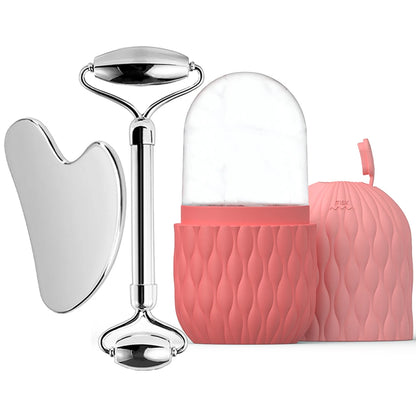 Stainless Steel Ice Face Roller and Gua Sha Tool Set for Facial Skincare - Reusable Silicone Ice Roller (1 or 3 Pieces)