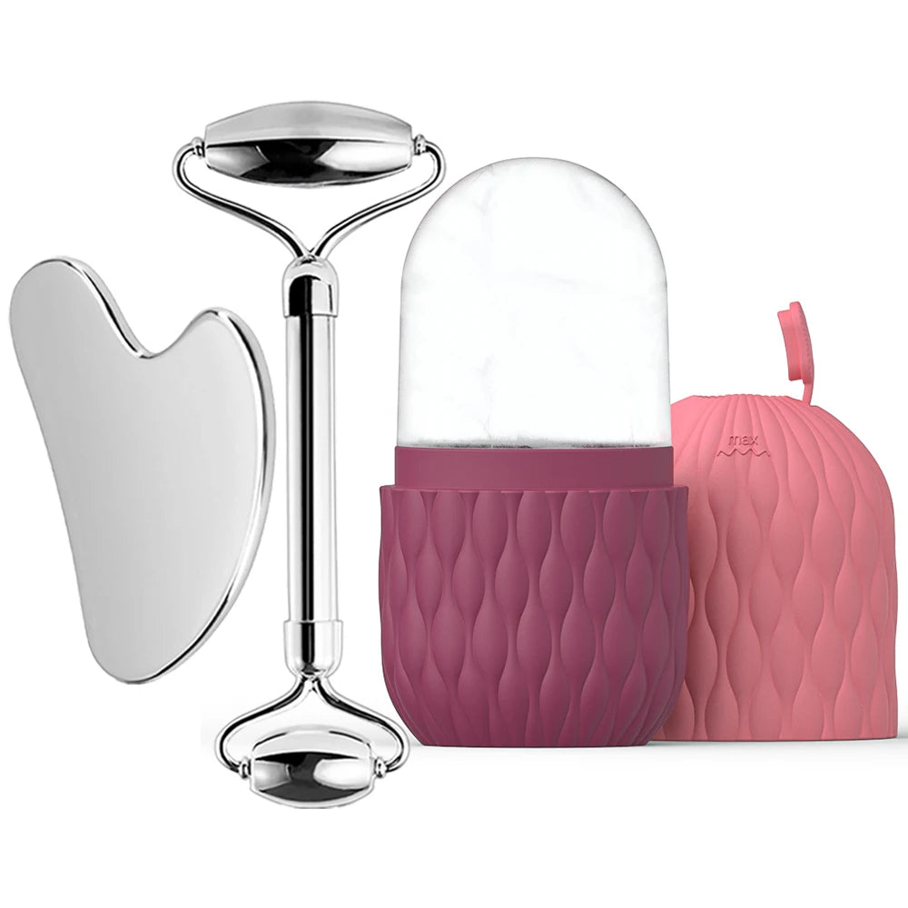 Stainless Steel Ice Face Roller and Gua Sha Tool Set for Facial Skincare - Reusable Silicone Ice Roller (1 or 3 Pieces)