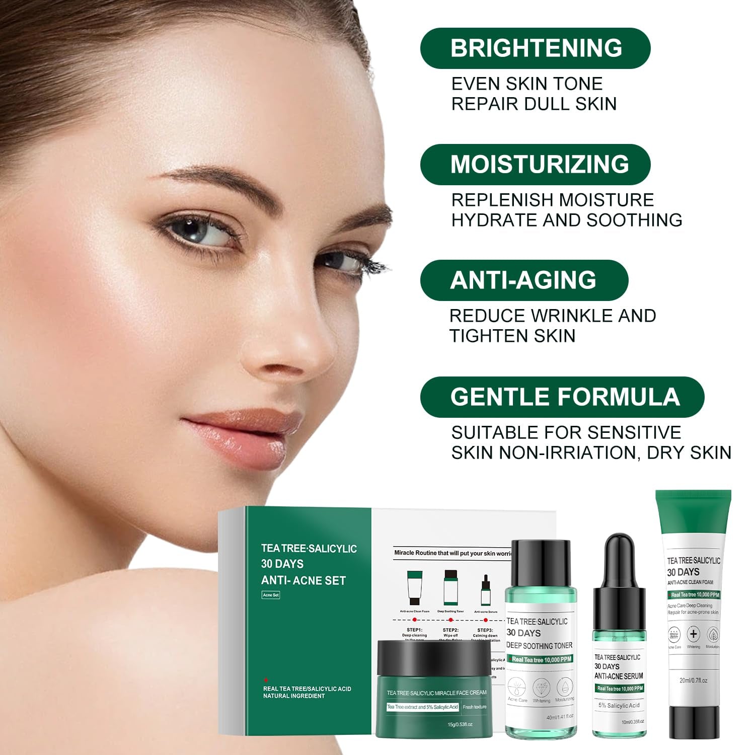 Tea Tree Salicylic Acid Acne Treatment Skincare Set - Mini Facial Care Kit for Women, Includes Cleanser, Toner, Serum, and Cream, Ideal for Oil Control and Travel